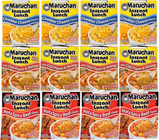 Maruchan Ramen cup Instant Soup Noodles Mix Variety 3 Flavor Packs 12 Count - 4 Cheddar Cheese, 4 Chili Piquin & Shrimp, 4 Hot & Spicy Beef, Pack Lunch/Dinner Variety