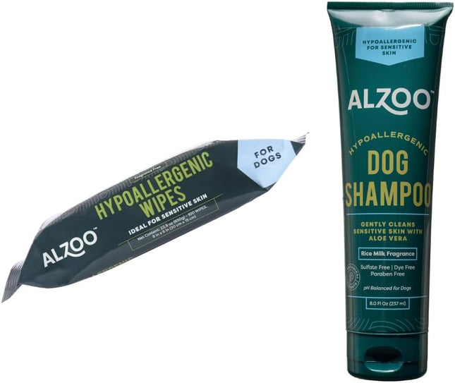 ALZOO Hypoallergenic Bundle for Dogs, Grooming Wipes and Sensitive Shampoo, 100% Plant-Based Active Ingredients, Made in USA