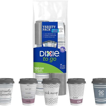 Dixie To Go Coffee Cups and Lids, 12 Oz, 120 Count, Assorted Designs, Disposable Hot Beverage Cups & Lids