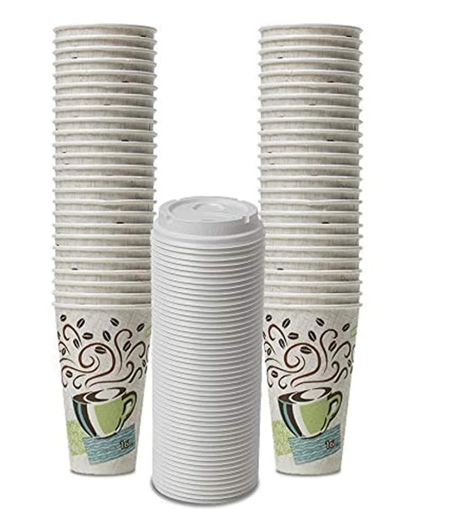 Dixie PerfecTouch WiseSize Coffee Design Insulated Paper Cup, 16oz Cups and Lids Bundle (16 oz, 50 Cups, 50 Lids)