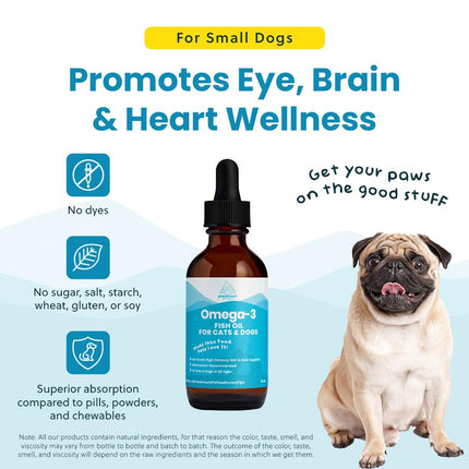 Wild-Caught Omega 3 Fish Oil for Dogs & Cats, Liquid EPA DHA Supplement for Skin, Coat, Joints & Heart, Low-Odor Omega 3 Drops for Small Dog Breeds & Cats with Itchy Skin, 2 oz