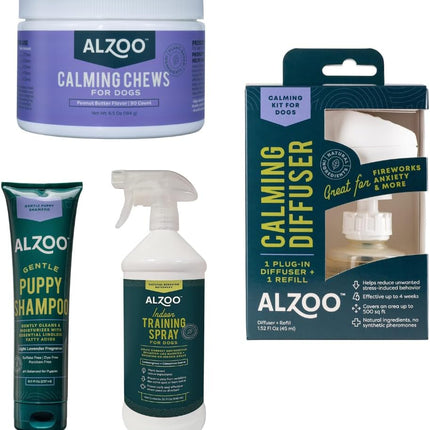 ALZOO Calming Chews, Gentle Puppy Shampoo, Indoor Training Spray and Calming Diffuser Kit Bundle for Dogs