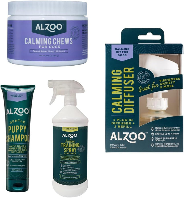ALZOO Calming Chews, Gentle Puppy Shampoo, Indoor Training Spray and Calming Diffuser Kit Bundle for Dogs