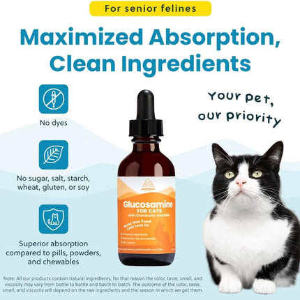Liquid Glucosamine Chondroitin MSM for Cats, Hip & Joint Support Supplement, Helps Maintain Mobility and Flexibility, Senior Cat Glucosamine Drops for Daily Joint Care, 2oz