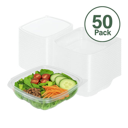 Tamper-Resistant Clear Hinged Containers with Flat Lid – Disposable Plastic Clamshell Takeout Boxes for Food, Salad, Dessert, Sandwich, Leak-Proof & Stackable – BPA-Free (50, Clear, 32 oz)
