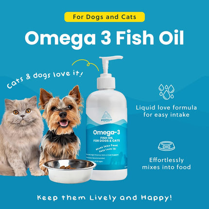 Wild-Caught Omega 3 Fish Oil for Dogs & Cats, Liquid EPA DHA Supplement for Skin, Coat, Joints & Heart, Low-Odor Omega 3 Drops for Small Dog Breeds & Cats with Itchy Skin, 2 oz
