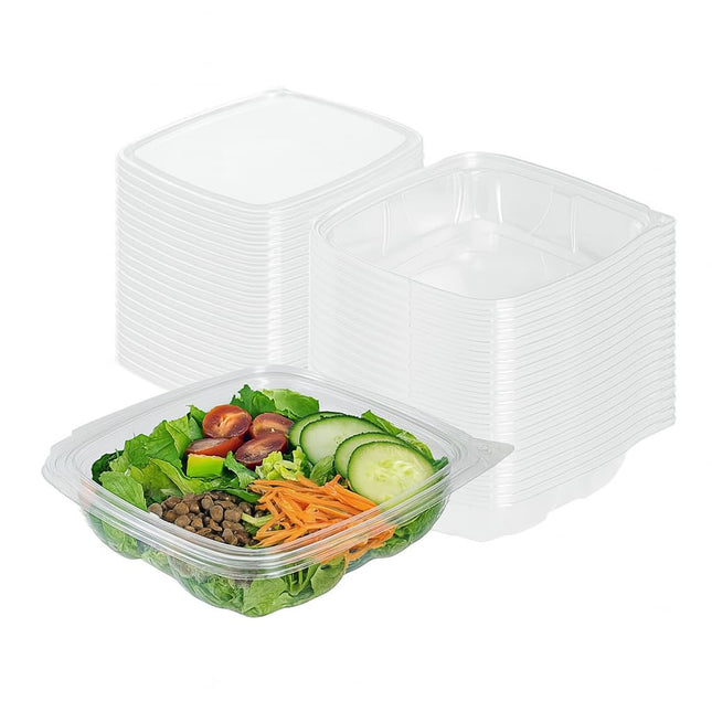 Tamper-Resistant Clear Hinged Containers with Flat Lid – Disposable Plastic Clamshell Takeout Boxes for Food, Salad, Dessert, Sandwich, Leak-Proof & Stackable – BPA-Free (50, Clear, 32 oz)