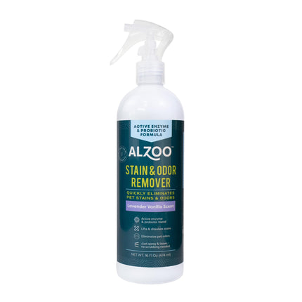 ALZOO Stain & Odor Remover, Quickly Lifts & Dissolves Pet Stains & Helps Eliminate Odors, 100% Plant-Based Active Ingredients, Lavender Vanilla Scent, 32 Fl. Oz Spray Bottle