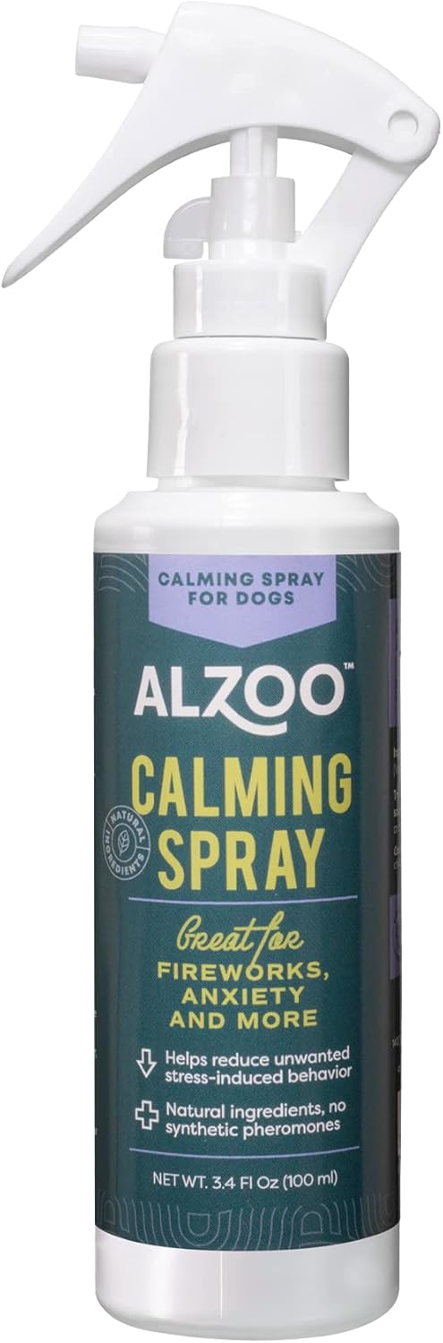 ALZOO Calming Spray for Dogs, Helps to Relieve Stress from Separation Anxiety, Travel, Vet Visits, Fireworks, etc., 100% Plant-Based Active Ingredients, 3.4 Fl. Oz Spray Bottle