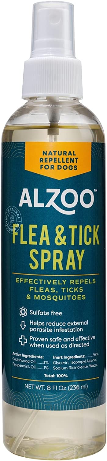 ALZOO Natural Flea and Tick Repellent Spray for Dogs, Effectively Repels Fleas, Ticks & Mosquitos, Plant-Based Active Ingredients, Sulfate-Free, 8 Fl. Oz.