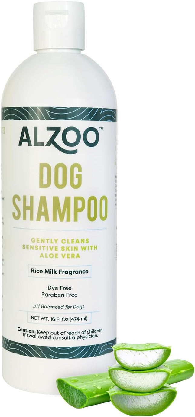 ALZOO Sensitive Skin Dog Shampoo - Aloe Vera & pH Balanced Formula - Alcohol/Paraben-Free - Cleans & Moisturizes, Adds Luster - Cruelty-Free, Rice Milk Fragrance, 16 Fl Oz