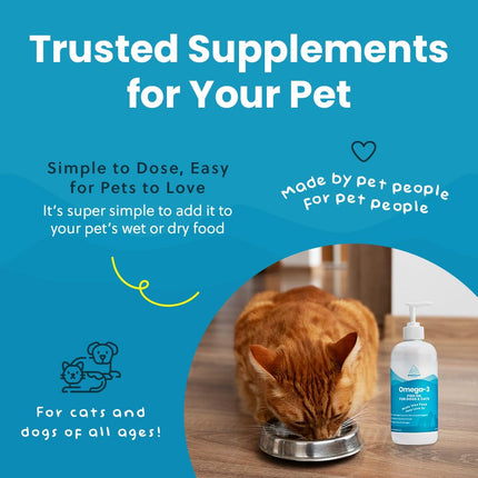 Wild-Caught Omega 3 Fish Oil for Dogs & Cats, Liquid EPA DHA Supplement for Skin, Coat, Joints & Heart, Low-Odor Omega 3 Drops for Small Dog Breeds & Cats with Itchy Skin, 2 oz
