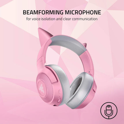 Razer Kraken BT Kitty Edition: Bluetooth 5.0-40ms Low Latency Connection - Custom 60mm Drivers - Beamforming Microphone - Powered by Razer Chroma - Rose Quartz (Renewed)