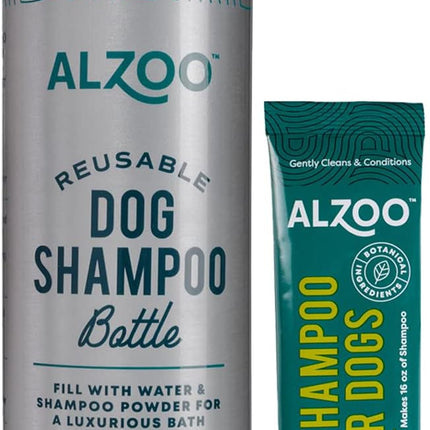 ALZOO Reusable, Refillable Aluminum Bottle & Concentrated Powder Shampoo for Dogs, Sensitive Skin Bundle, Just Add Water, Bottle & Pouch Starter Kit