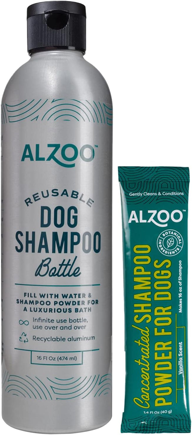 ALZOO Reusable, Refillable Aluminum Bottle & Concentrated Powder Shampoo for Dogs, Sensitive Skin Bundle, Just Add Water, Bottle & Pouch Starter Kit