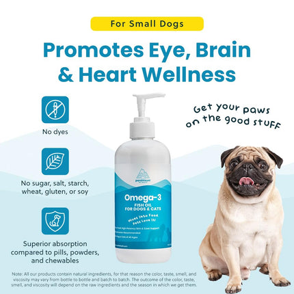 Wild-Caught Omega 3 Fish Oil for Dogs & Cats, Liquid EPA DHA Supplement for Skin, Coat, Joints & Heart, Low-Odor Omega 3 Drops for Small Dog Breeds & Cats with Itchy Skin, 2 oz
