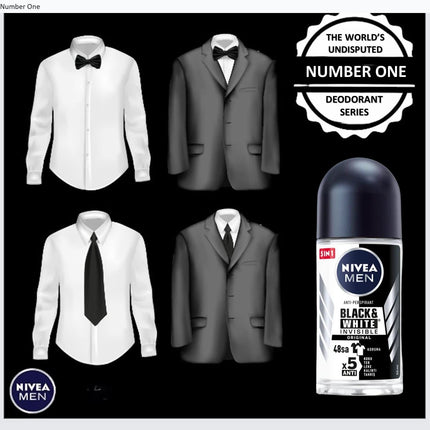 Nivea BLACK WHITE ORIGINAL, ROLL-ON – FREE ALCOHOL, ANTIPERSPIRANT DEODORANT, 48 HOURS PROTECTION, 1.7 OZ (Pack of 6), 50.0 milliliters