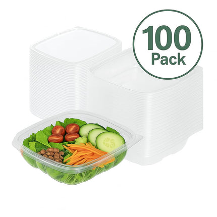 Tamper-Resistant Clear Hinged Containers with Flat Lid – Disposable Plastic Clamshell Takeout Boxes for Food, Salad, Dessert, Sandwich, Leak-Proof & Stackable – BPA-Free (50, Clear, 32 oz)