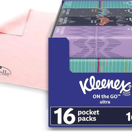 White Facial Tissue 16 Pocket Packs of 10 Kleenx + Bonus Microfiber Cloth by Miskelle