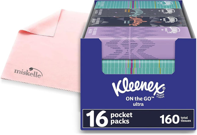 White Facial Tissue 16 Pocket Packs of 10 Kleenx + Bonus Microfiber Cloth by Miskelle
