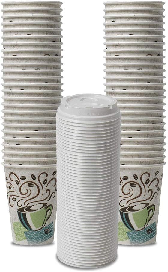 Dixie PerfecTouch WiseSize Coffee Design Insulated Paper Cup, 12oz Cups and Lids Bundle (12 oz, 50 Cups, 50 Lids)