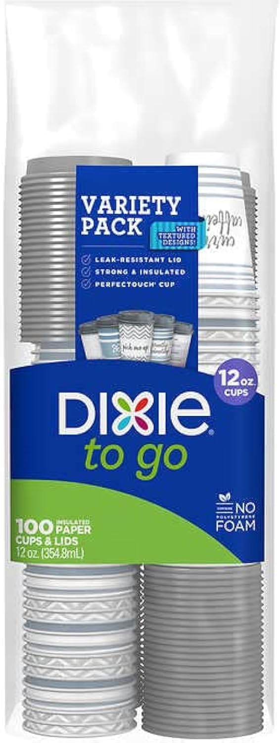 Dixie To Go Coffee Cups and Lids, 12 Oz, 120 Count, Assorted Designs, Disposable Hot Beverage Cups & Lids
