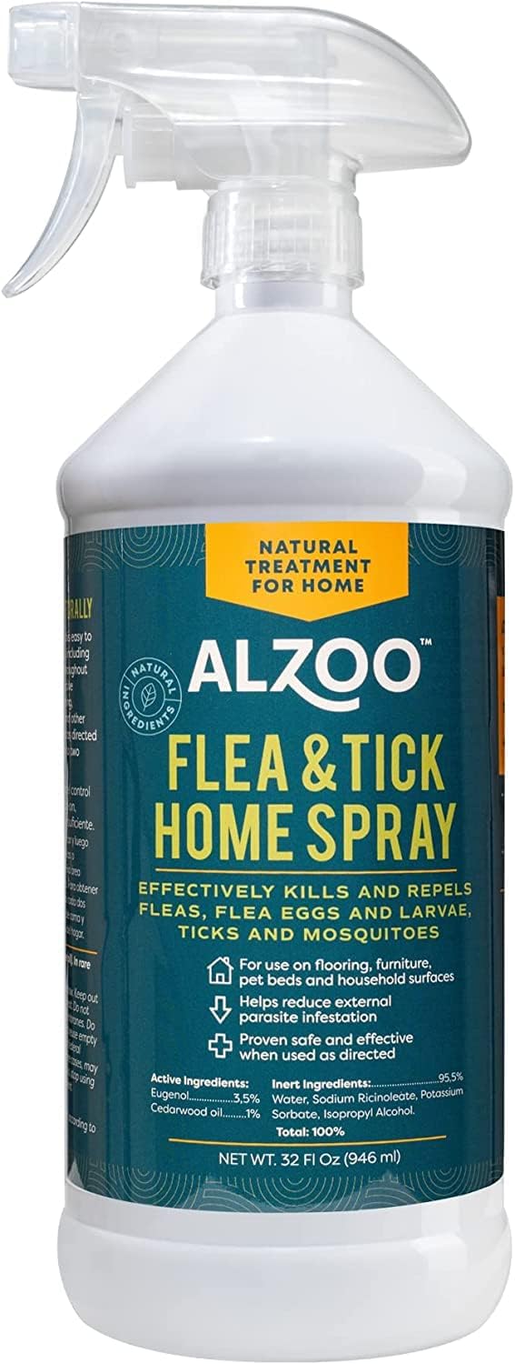 ALZOO Natural Flea & Tick Home Spray, Helps Eliminate and Repel Pests, Use on Flooring, Furniture, Pet Beds, Plant-Based Active Ingredients, 32 Fl. Oz.