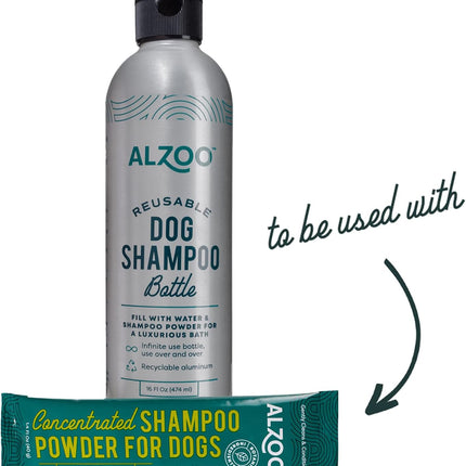ALZOO Reusable, Refillable Aluminum Bottle & Concentrated Powder Shampoo for Dogs, Sensitive Skin Bundle, Just Add Water, Bottle & Pouch Starter Kit