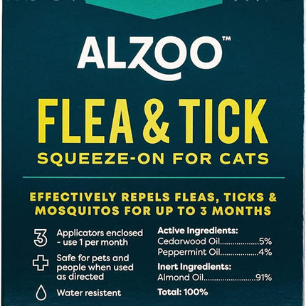 ALZOO Natural Flea & Tick Squeeze-On for Cats, Helps Repel Fleas, Ticks & Mosquitos, Up to 3-Months Protection, Plant-Based Active Ingredients, Water-Resistant, 3 EZ-On Applicators Per Pack