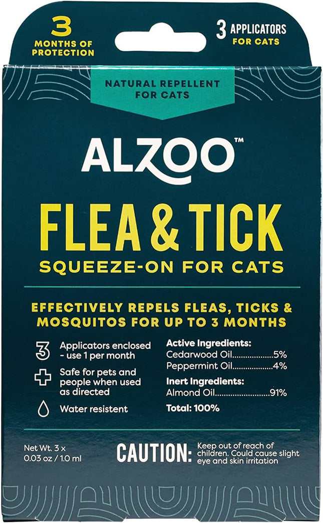 ALZOO Natural Flea & Tick Squeeze-On for Cats, Helps Repel Fleas, Ticks & Mosquitos, Up to 3-Months Protection, Plant-Based Active Ingredients, Water-Resistant, 3 EZ-On Applicators Per Pack