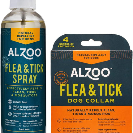 ALZOO Flea & Tick Dog Collar and 8 Fl. Oz. Flea & Tick Repellent Spray for Dogs, Medium-Sized Dogs: 16-40 lbs, 100% Plant-Based Active Ingredients