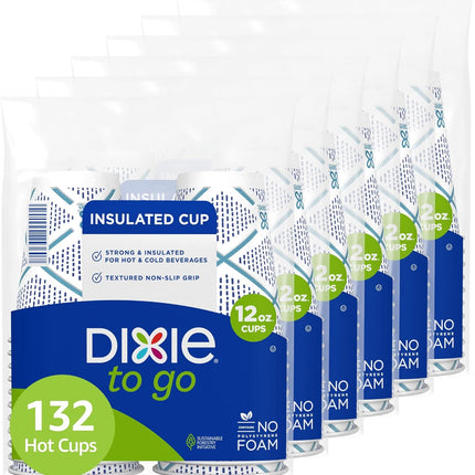 Dixie To Go Paper Coffee Cups, 12 oz, 132 ct, Disposable Insulated Paper Cups for On-The-Go Hot or Cold Beverages
