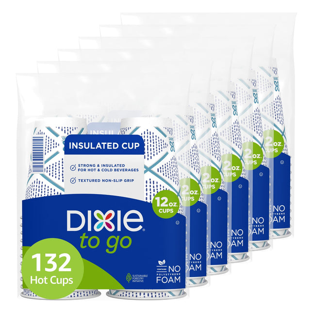 Dixie To Go Paper Coffee Cups, 12 oz, 132 ct, Disposable Insulated Paper Cups for On-The-Go Hot or Cold Beverages