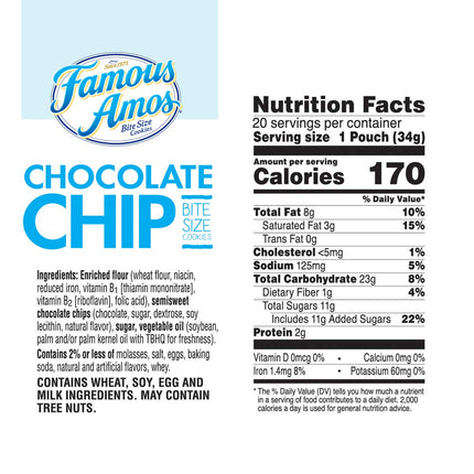 Famous Amos Cookies, Bite Size Chocolate Chip, Single Serve, 1.2 Ounce (Pack of 20)