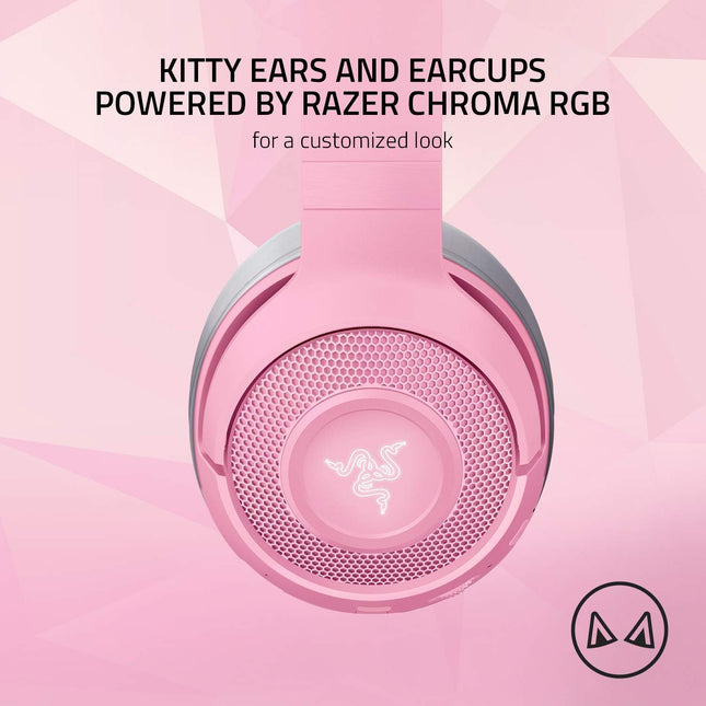 Razer Kraken BT Kitty Edition: Bluetooth 5.0-40ms Low Latency Connection - Custom 60mm Drivers - Beamforming Microphone - Powered by Razer Chroma - Rose Quartz (Renewed)