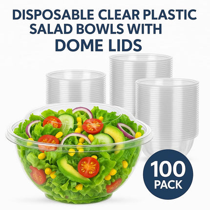 Ruthy's Outlet Plastic Salad Bowls W/Airtight Dome Lids Disposable - Clear Serving Bowls | BPA-Free | Leak-Proof | Meal Prep, Catering, Parties, Takeout, To-Go & Food Storage (50 Pack, 24, Ounce)