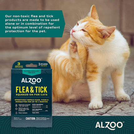 ALZOO Natural Flea & Tick Squeeze-On for Cats, Helps Repel Fleas, Ticks & Mosquitos, Up to 3-Months Protection, Plant-Based Active Ingredients, Water-Resistant, 3 EZ-On Applicators Per Pack