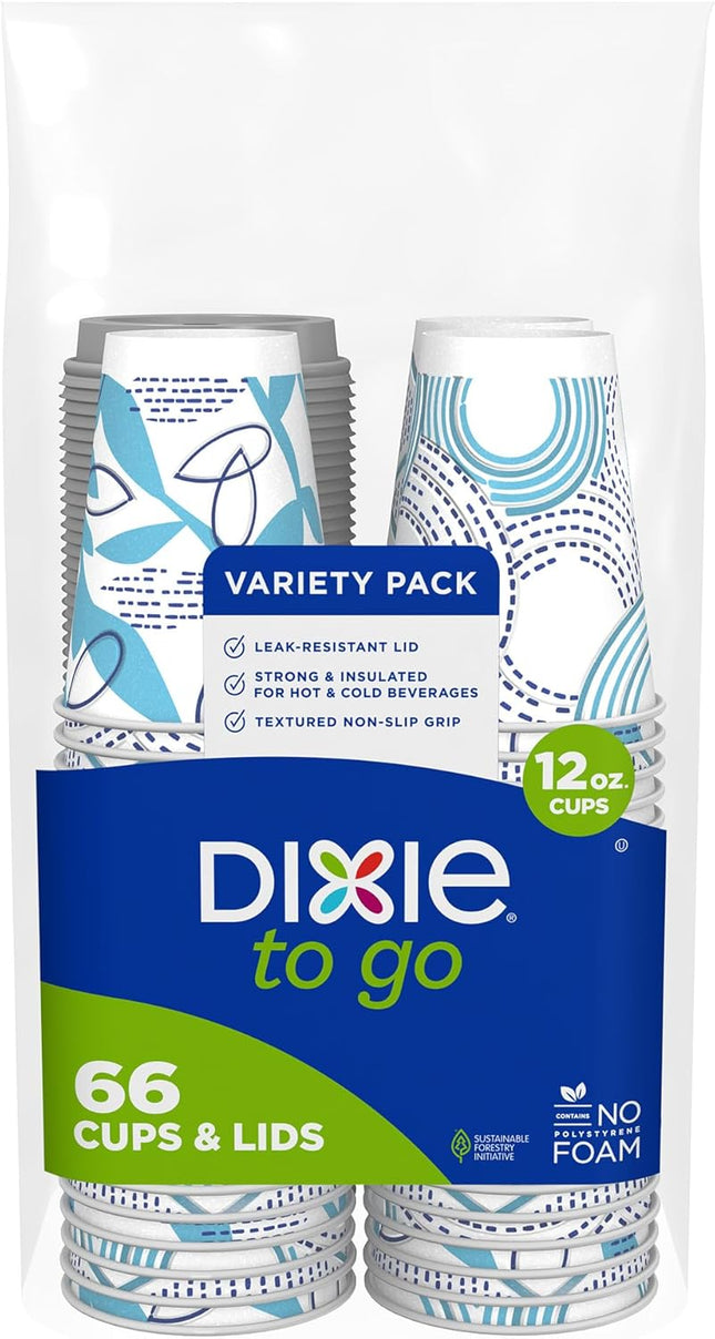 Dixie To Go Paper Coffee Cups With Lids, 12 oz, 66 ct, Disposable Insulated Paper Cups for On-The-Go Hot or Cold Beverages