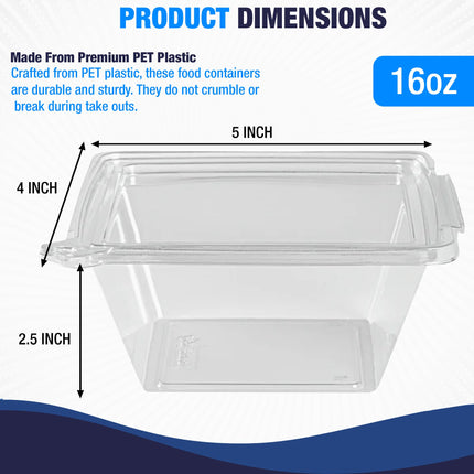 Tamper-Resistant Clear Hinged Containers with Flat Lid – Disposable Plastic Clamshell Takeout Boxes for Food, Salad, Dessert, Sandwich, Leak-Proof & Stackable – BPA-Free (50, Clear, 32 oz)