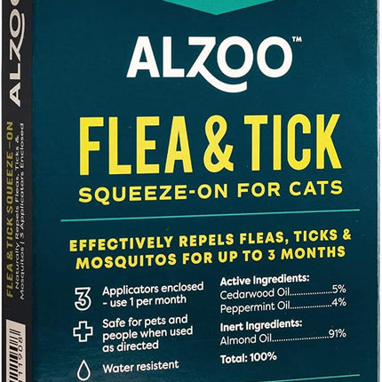 ALZOO Natural Flea & Tick Squeeze-On for Cats, Helps Repel Fleas, Ticks & Mosquitos, Up to 3-Months Protection, Plant-Based Active Ingredients, Water-Resistant, 3 EZ-On Applicators Per Pack