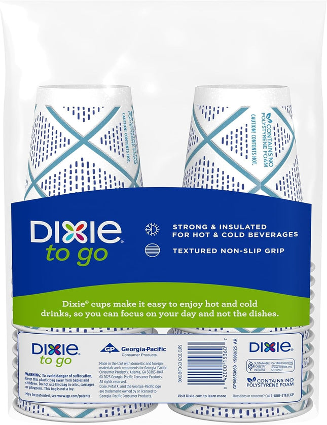 Dixie To Go Paper Coffee Cups, 12 oz, 132 ct, Disposable Insulated Paper Cups for On-The-Go Hot or Cold Beverages