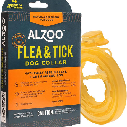 ALZOO Natural Flea & Tick Dog Collar - Helps Repel Fleas, Ticks & Mosquitoes - 100% Plant-Based Active Ingredients - Waterproof - Up to 4 Months Protection - Medium-Sized Dogs: 16-40 lbs - Single