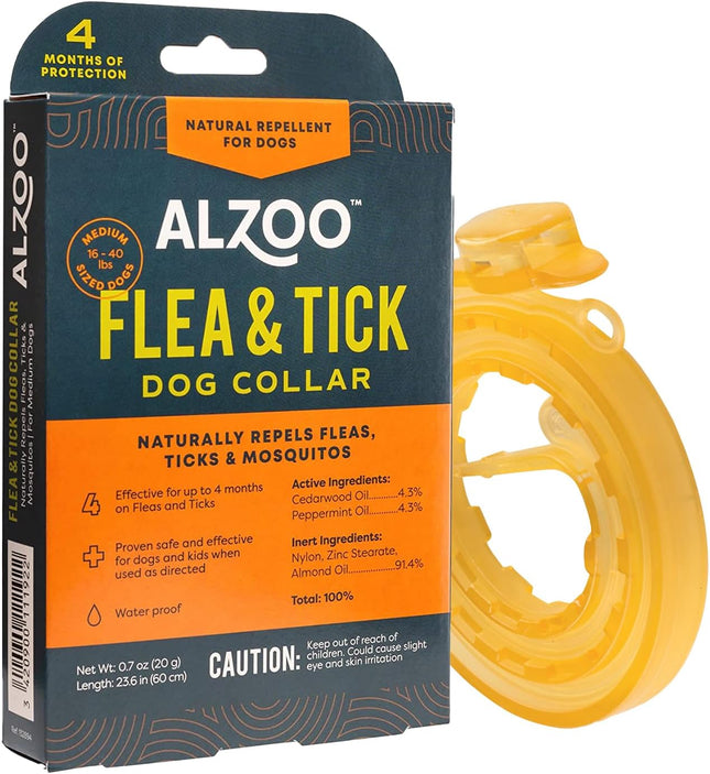 ALZOO Natural Flea & Tick Dog Collar - Helps Repel Fleas, Ticks & Mosquitoes - 100% Plant-Based Active Ingredients - Waterproof - Up to 4 Months Protection - Medium-Sized Dogs: 16-40 lbs - Single