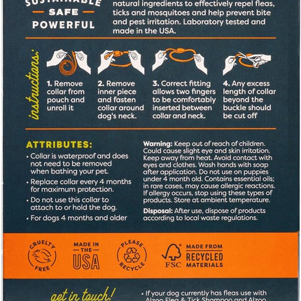 ALZOO Natural Flea & Tick Dog Collar - Helps Repel Fleas, Ticks & Mosquitoes - 100% Plant-Based Active Ingredients - Waterproof - Up to 4 Months Protection - Medium-Sized Dogs: 16-40 lbs - Single