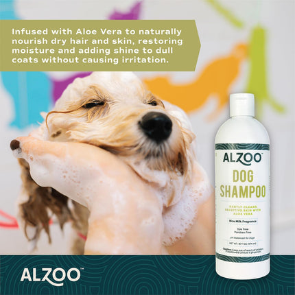 ALZOO Sensitive Skin Dog Shampoo - Aloe Vera & pH Balanced Formula - Alcohol/Paraben-Free - Cleans & Moisturizes, Adds Luster - Cruelty-Free, Rice Milk Fragrance, 16 Fl Oz