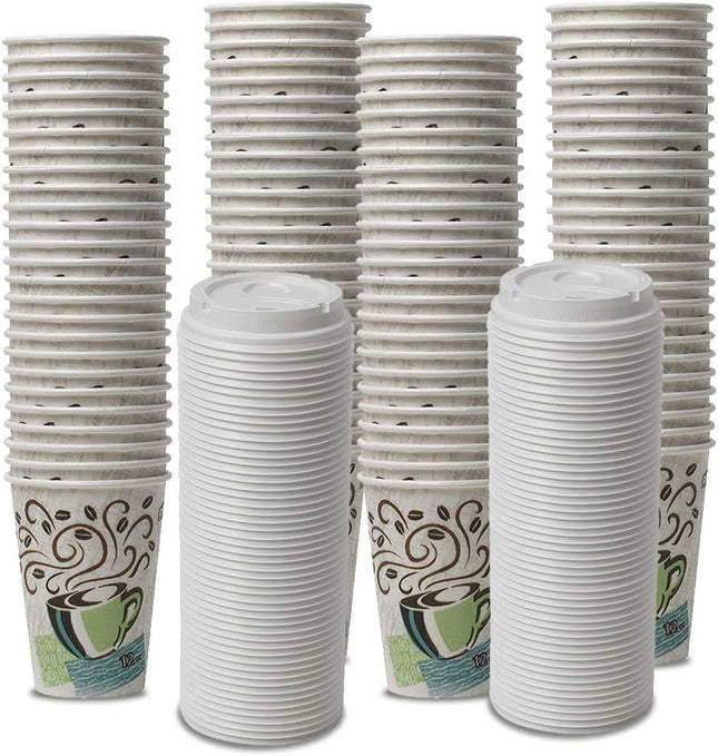 Dixie PerfecTouch WiseSize Coffee Design Insulated Paper Cup, 12oz Cups and Lids Bundle (12 oz, 100 Cups, 100 Lids)