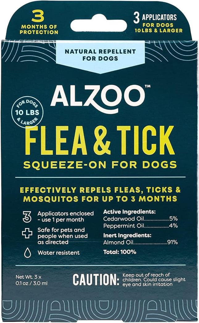 ALZOO Natural Flea & Tick Squeeze-On for Dogs, Helps Repel Fleas, Ticks & Mosquitos, Up to 3-Months Protection, Plant-Based Active Ingredients, Water-Resistant, 3 EZ-On Applicators Per Pack