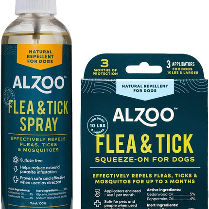 ALZOO Natural Flea & Tick Repellent Squeeze-On for Dogs and 8 Fl. Oz. Flea & Tick Repellent Spray for Dogs,Plant-Based Active Ingredients