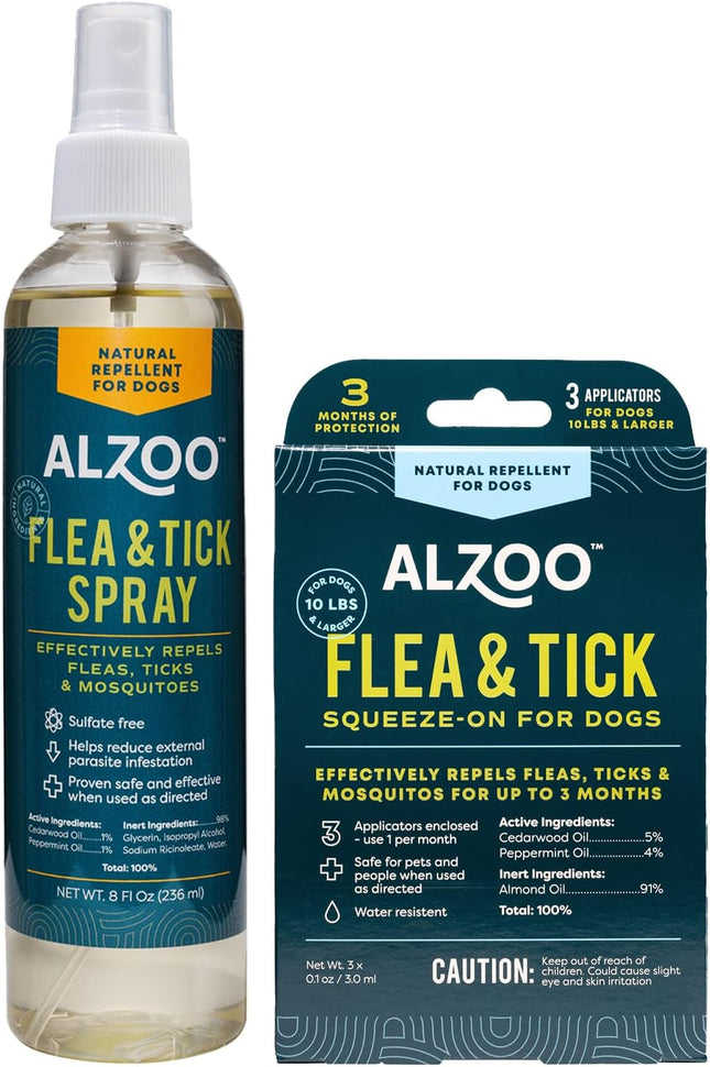 ALZOO Natural Flea & Tick Repellent Squeeze-On for Dogs and 8 Fl. Oz. Flea & Tick Repellent Spray for Dogs,Plant-Based Active Ingredients
