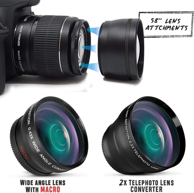 Xtech Accessory Kit f/Canon Rebel T8i, T7, T7i, T6, T6i, T5, T5i SL2, SL3, EOS 70D, 77D, 80D 90D DSLR Camera Includes 58mm Wide / 2X Telephoto Lens, Filters, Case, 72" Tripod, Accessories Bundle +More
